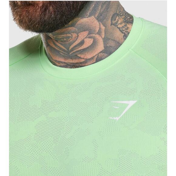 Gymshark Geo Seamless T-shirt Mens XL Neon Green Camo Texture Gym Workout NWOT - Picture 3 of 13